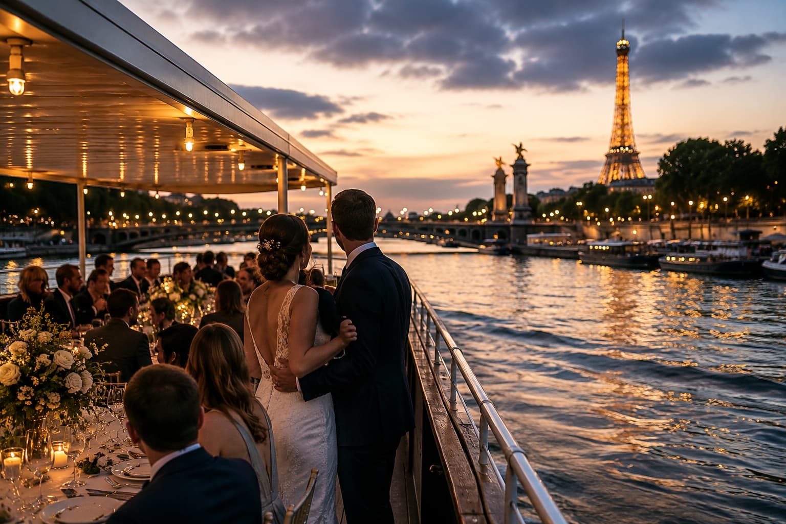Réception de mariage sur une péniche naviguant sur la Seine à Paris